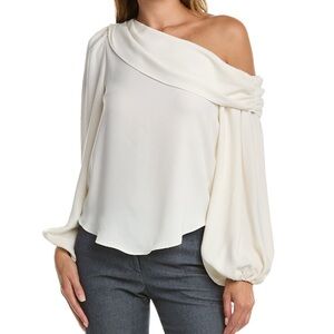 Trina Turk Ivory One Shoulder Blouse Asymmetrical Draped Sleeve Elegant Top